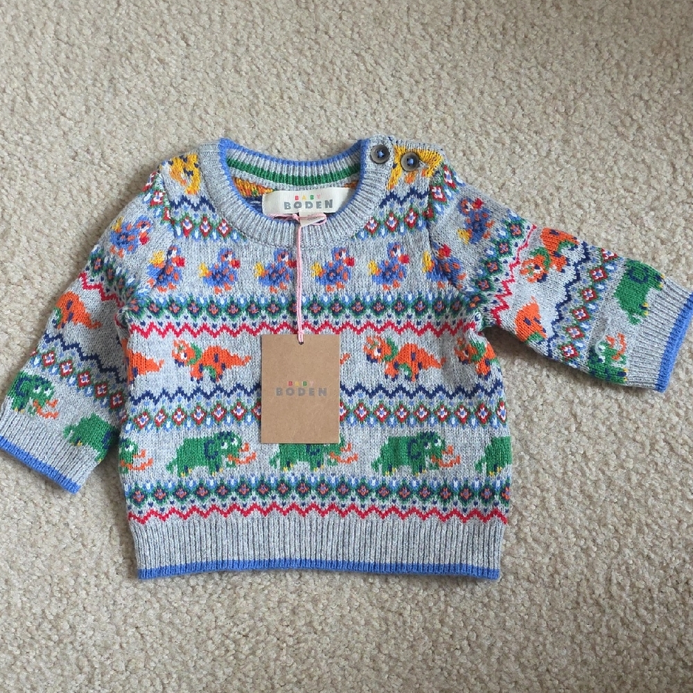 Baby Boden Sweater with Dinosaur Pattern - Gray and Multicolor